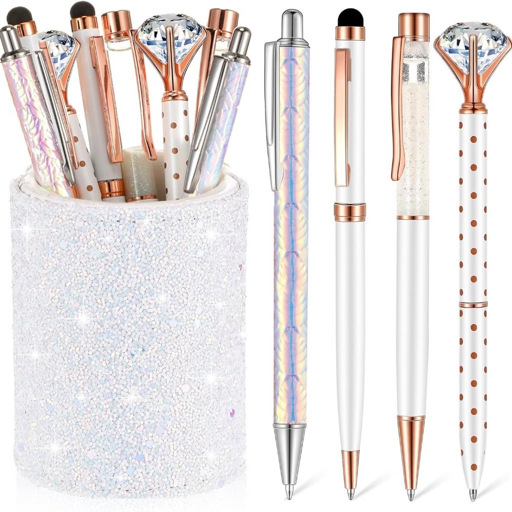 NWT Sparkling Bling Glitter Cup With 8 Ballpoint Pen Set Desk Set + FREE Gift